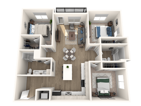 A 3D floor plan of a house with multiple rooms and furniture.
